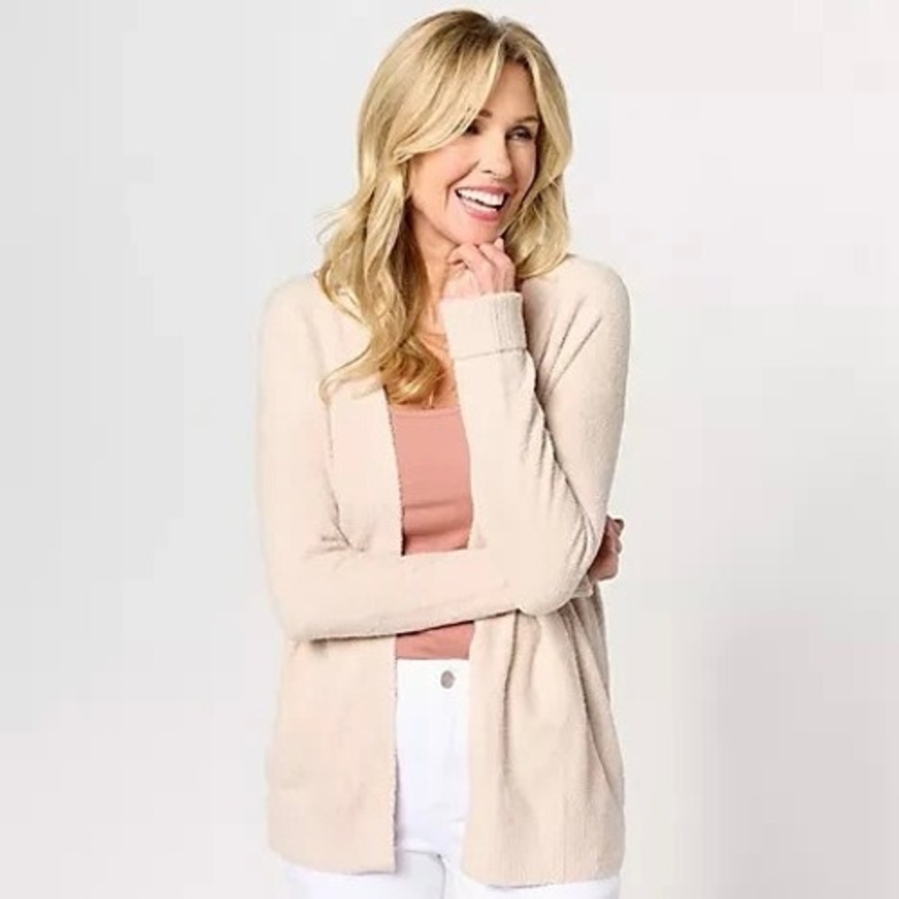 BAREFOOT DREAMS CozyChic Lite Ribbed Cuff Coastline Cardigan Medium Tan Sweater